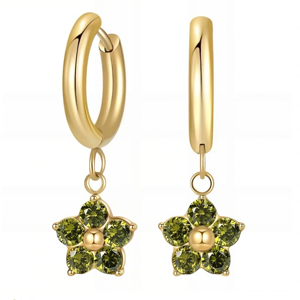 Peridot Flower Huggie Hoop Earrings 18K Gold Plated Waterproof NWT
